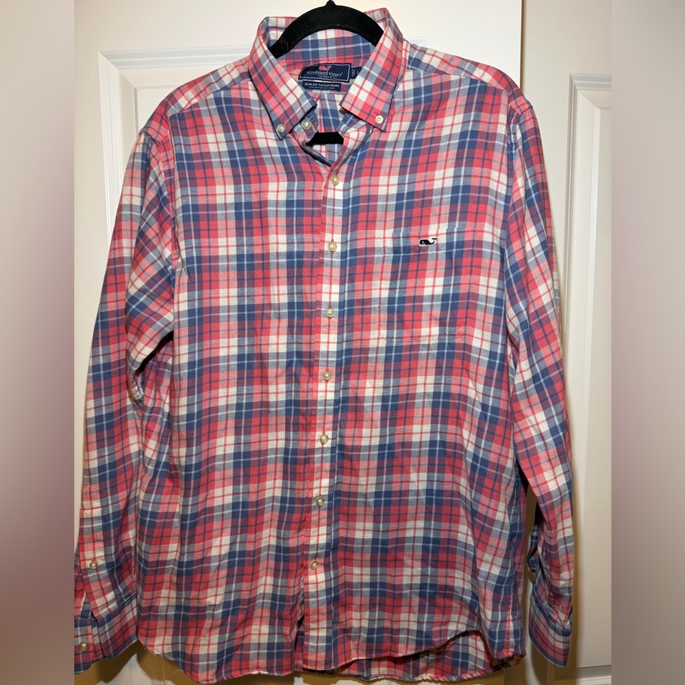 Vineyard Vines Coral Pink and Navy Blue Plaid Button-Down Shirt